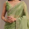 Parrot Green Crushed Tissue Saree With Sequins And Scallop Border