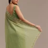 Parrot Green Crushed Tissue Saree With Sequins And Scallop Border