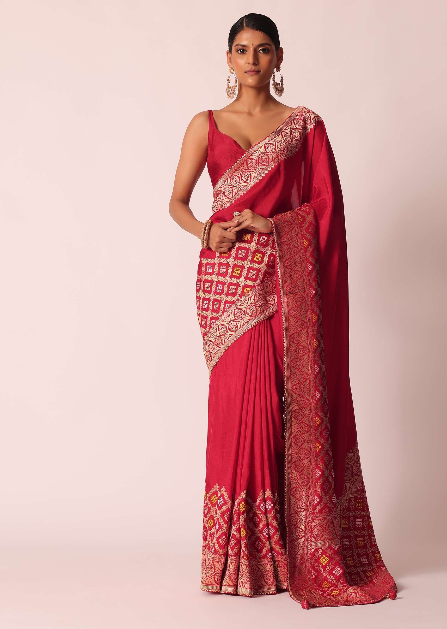 13032-red-silk-woven-saree-with-bandhani-detail-and-unstitched-blouse-piece-1.jpg Red Silk Woven Saree With Bandhani Detail And Unstitched Blouse Piece