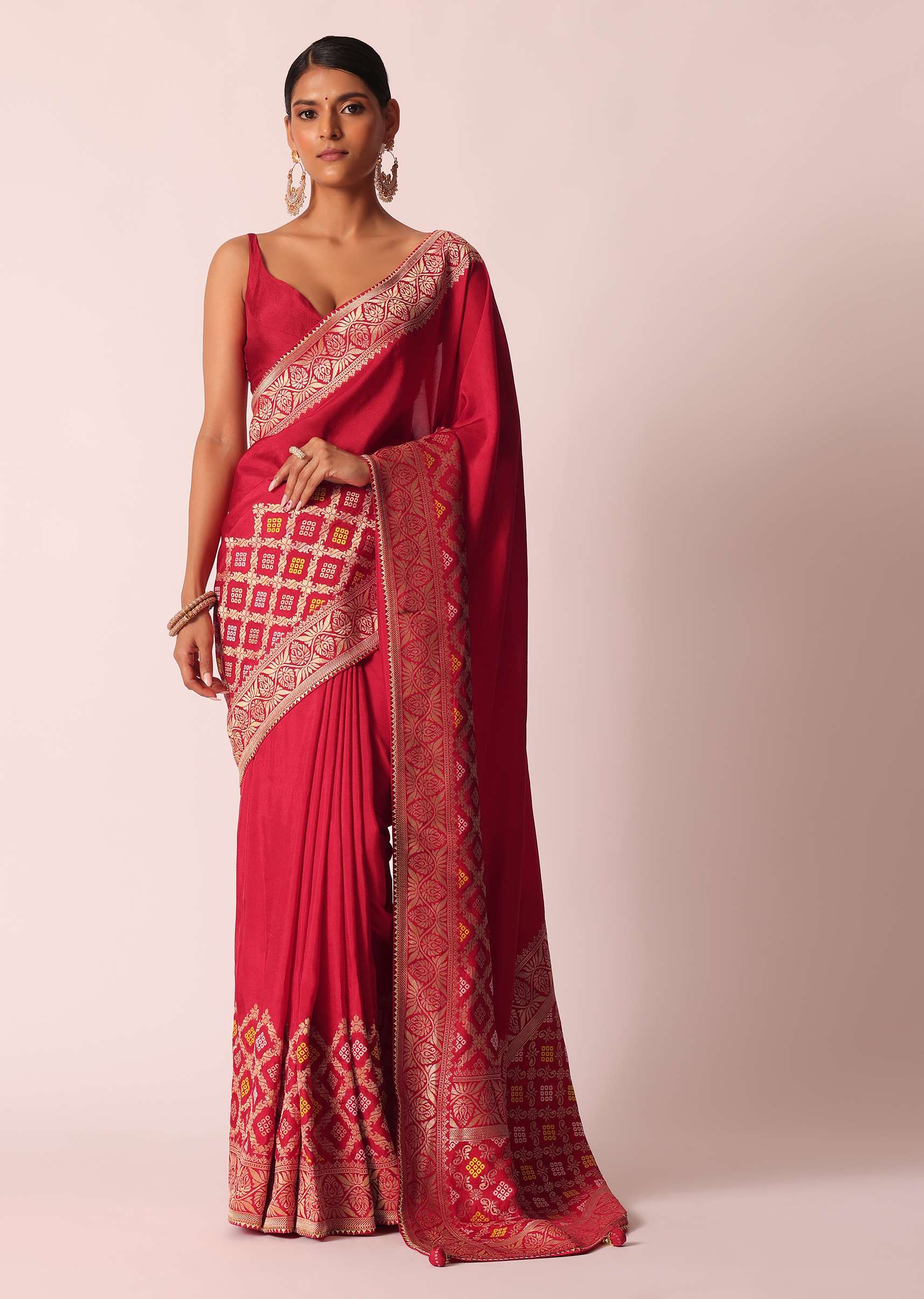 Red Silk Woven Saree With Bandhani Detail And Unstitched Blouse Piece