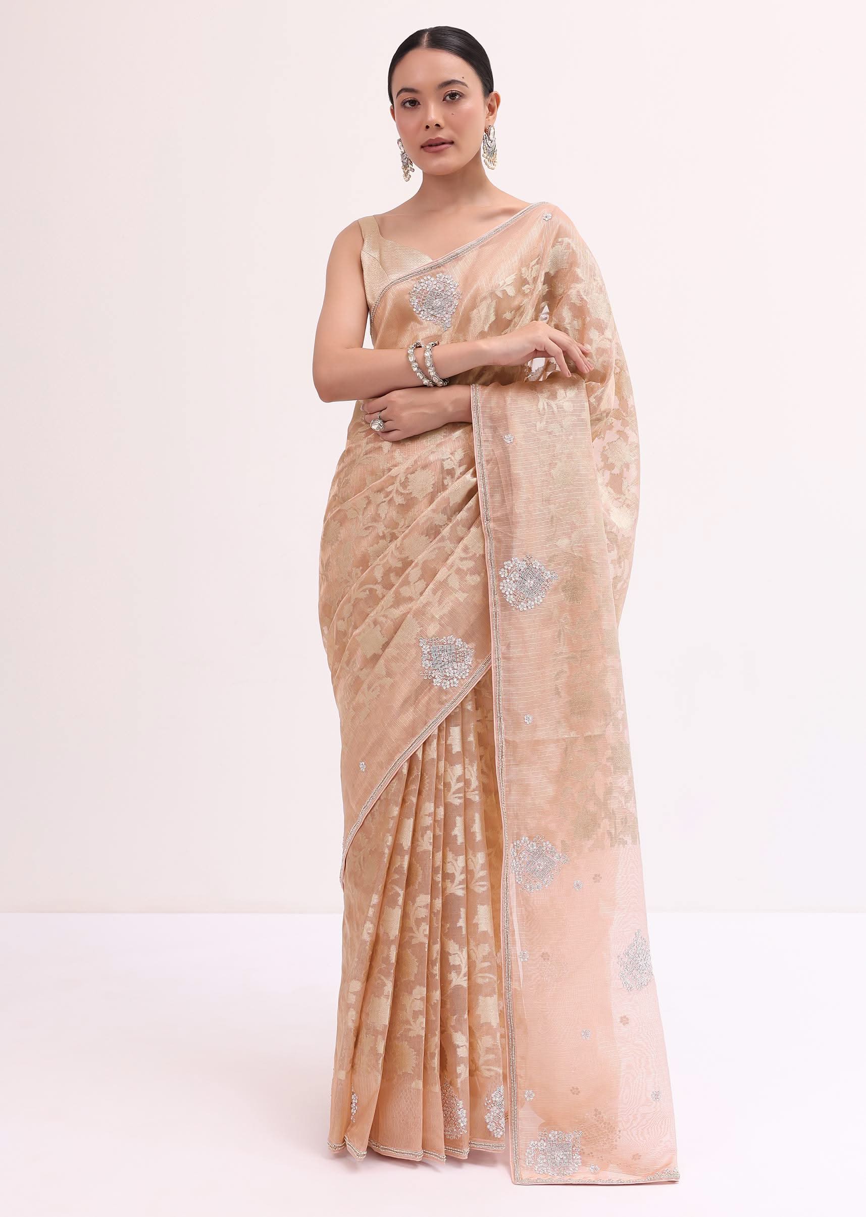 Peach Chanderi Saree With Unstitched Blouse