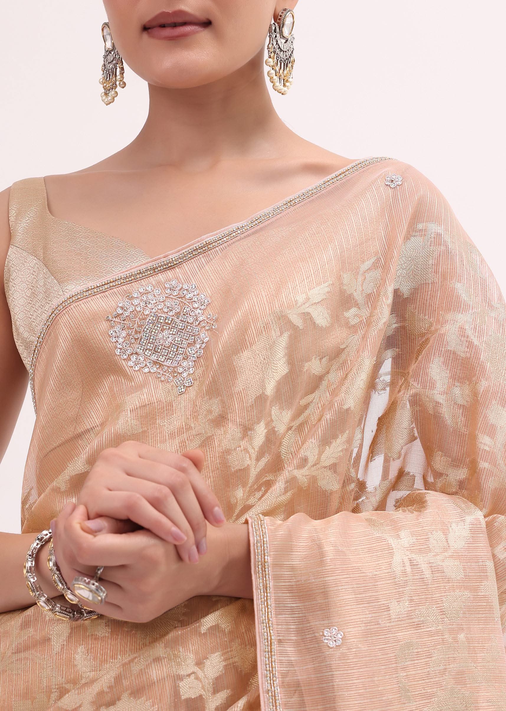 Peach Chanderi Saree With Unstitched Blouse