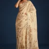 Off White Tussar Silk Floral Print Saree with Mirror Work