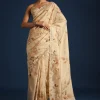 Off White Tussar Silk Floral Print Saree with Mirror Work