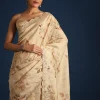 Off White Tussar Silk Floral Print Saree with Mirror Work