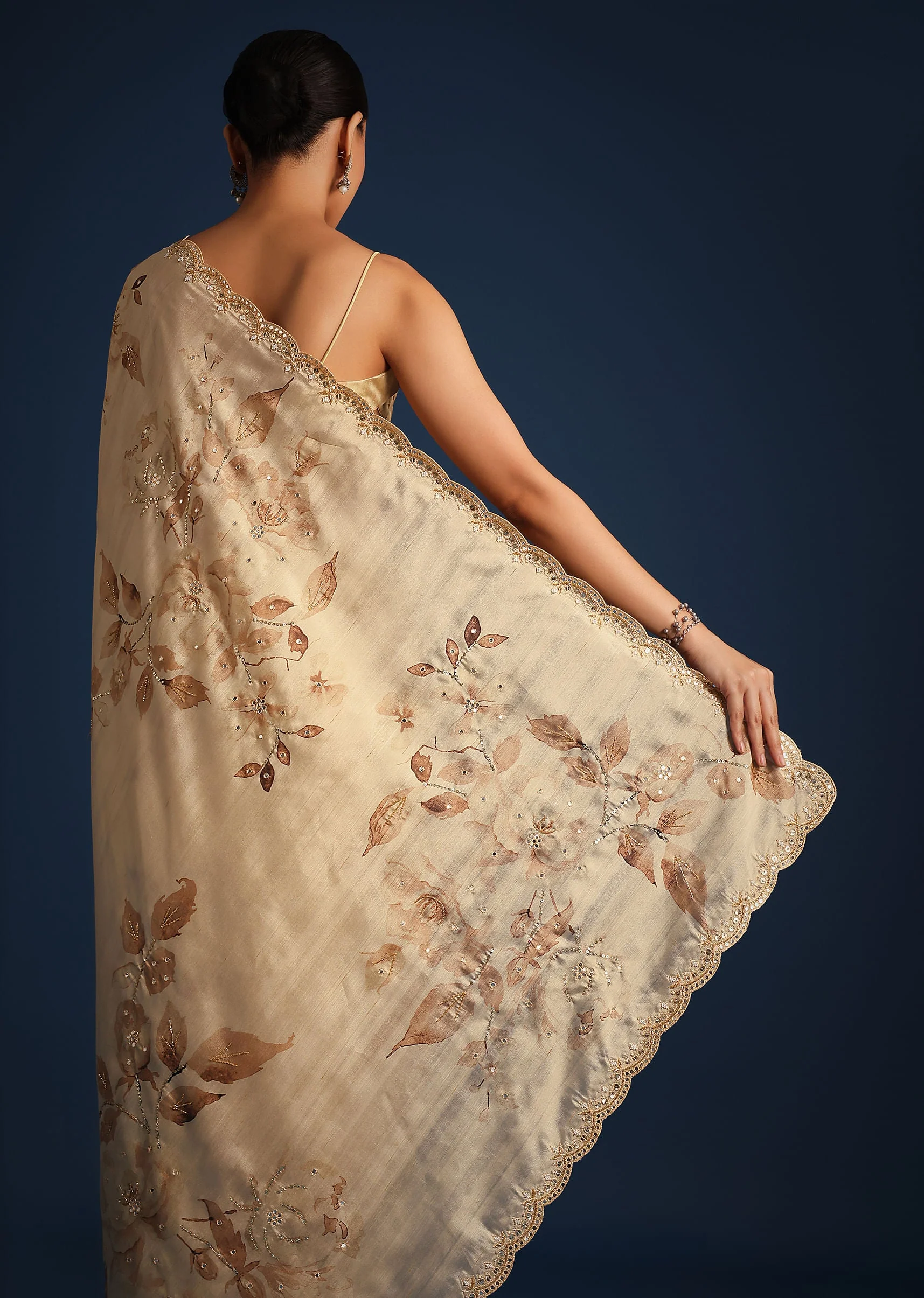 Off White Tussar Silk Floral Print Saree with Mirror Work