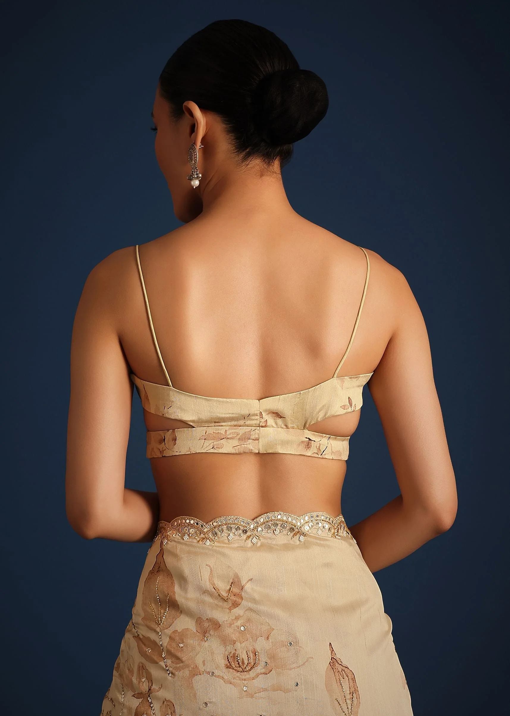 Off White Tussar Silk Floral Print Saree with Mirror Work