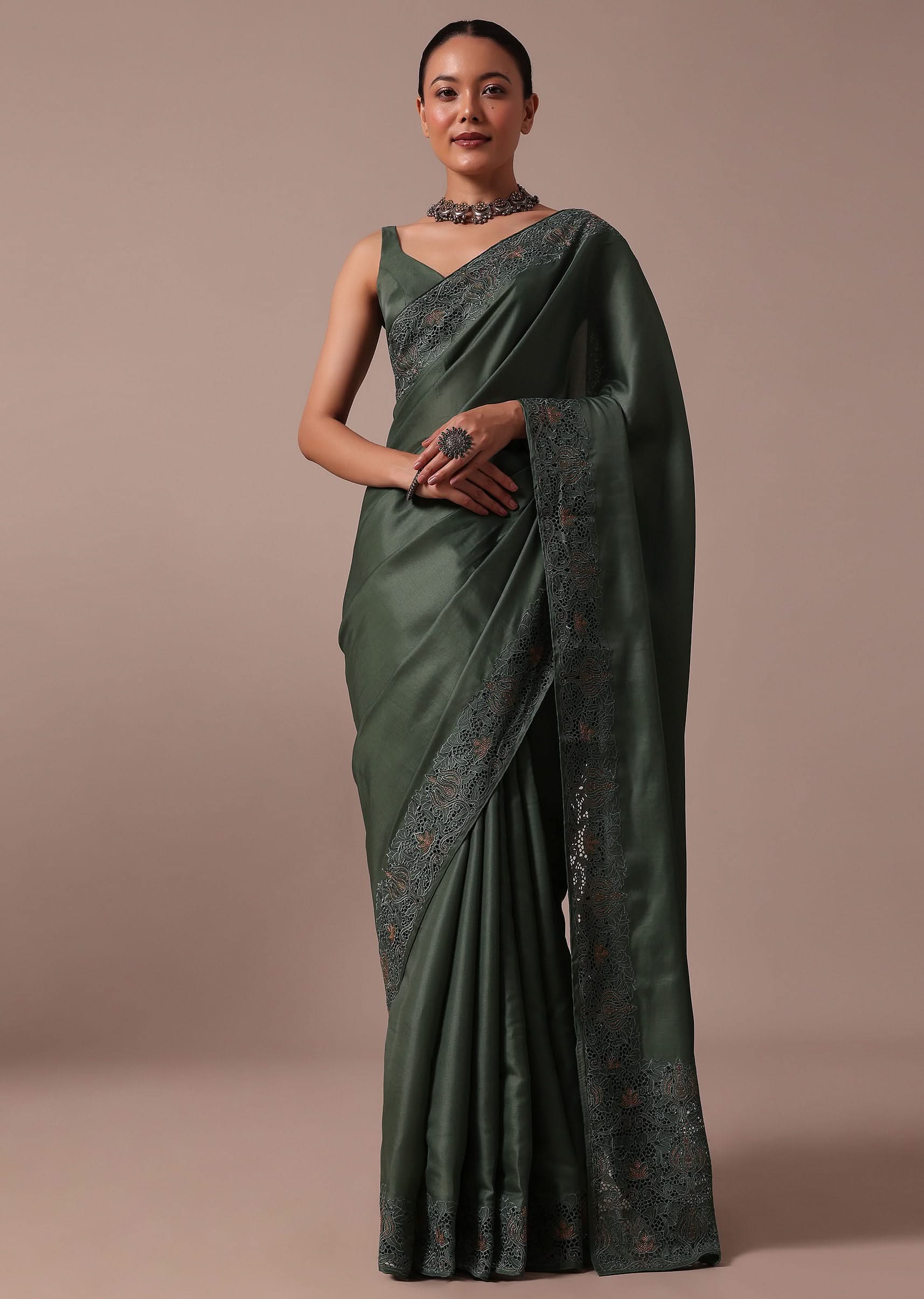 13120-moss-green-tussar-saree-with-unstitched-blouse-1.jpg Moss Green Tussar Saree With Unstitched Blouse