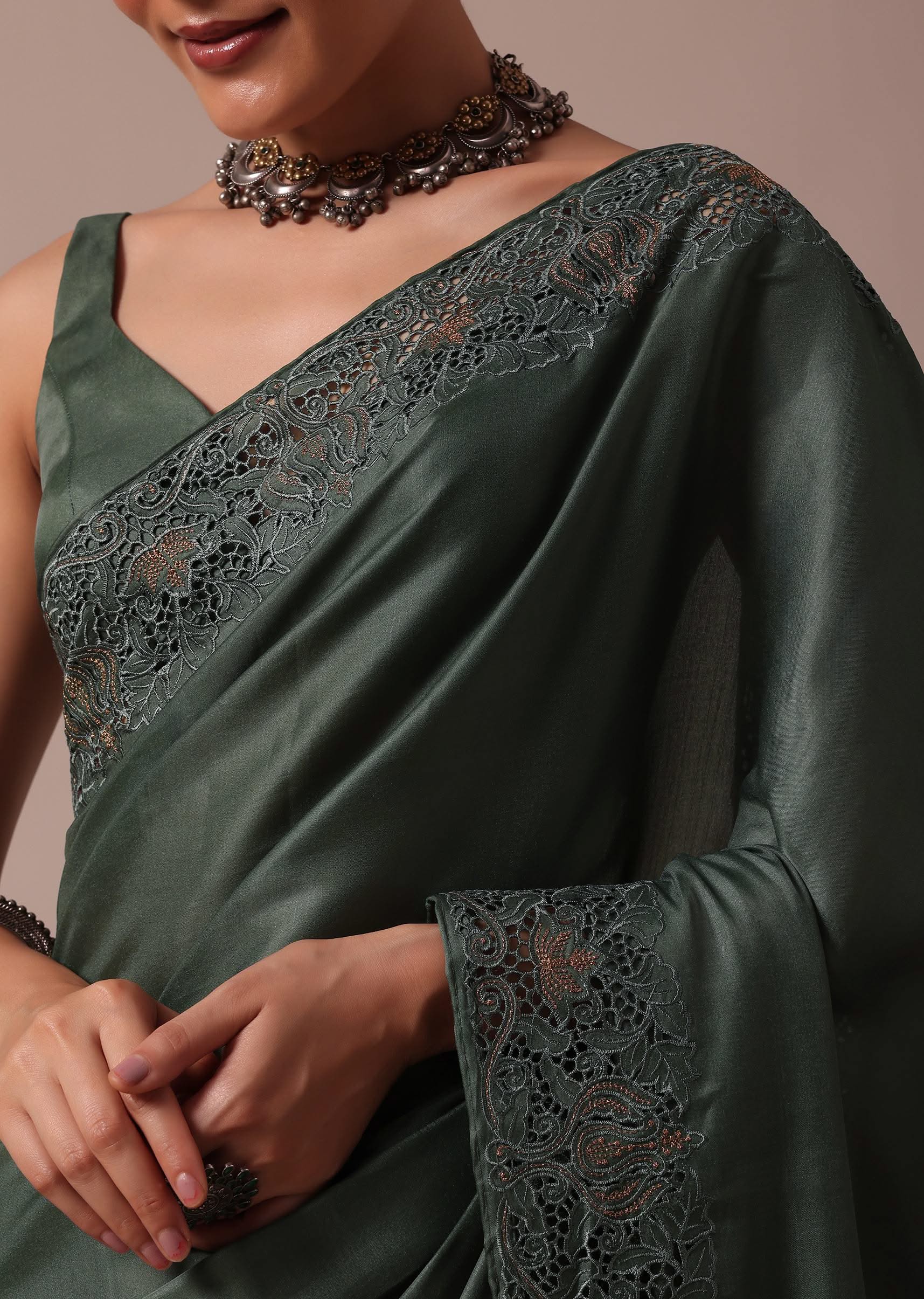 Moss Green Tussar Saree With Unstitched Blouse