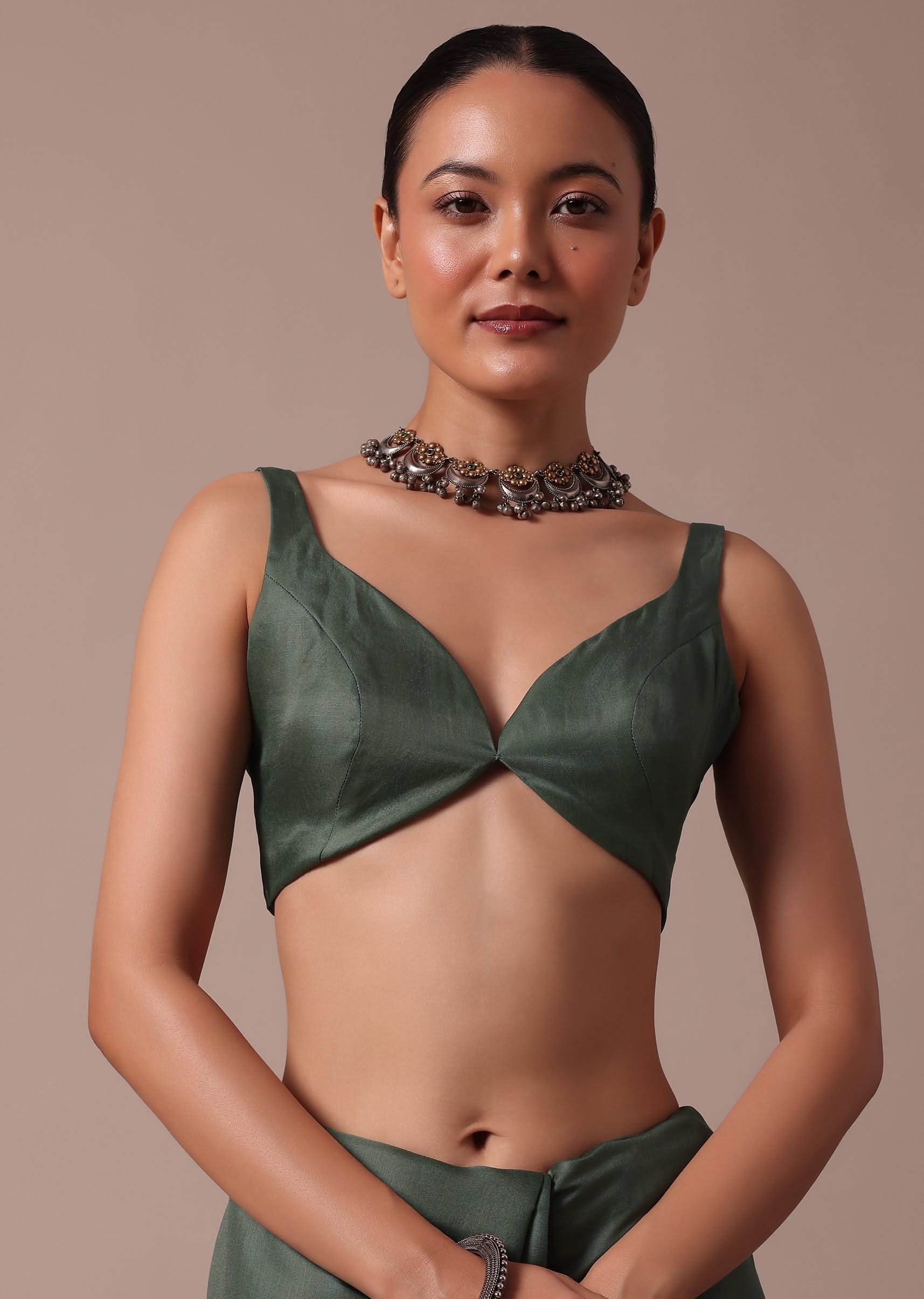Moss Green Tussar Saree With Unstitched Blouse