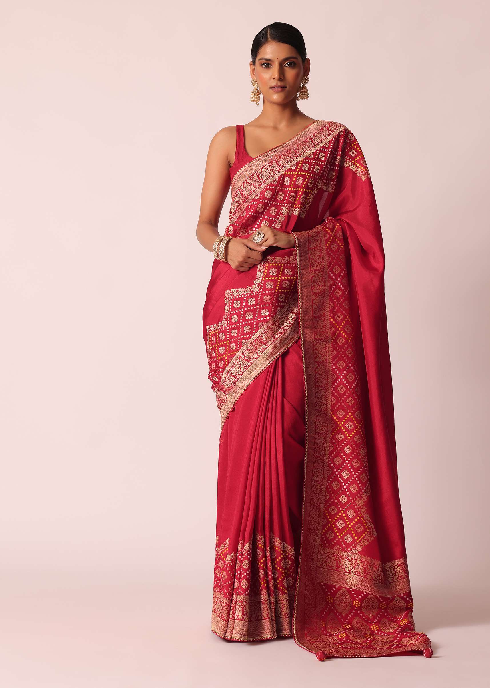 13136-red-bandhani-weave-saree-in-silk-with-unstitched-blouse-piece-1.jpg Red Bandhani Weave Saree In Silk With Unstitched Blouse Piece