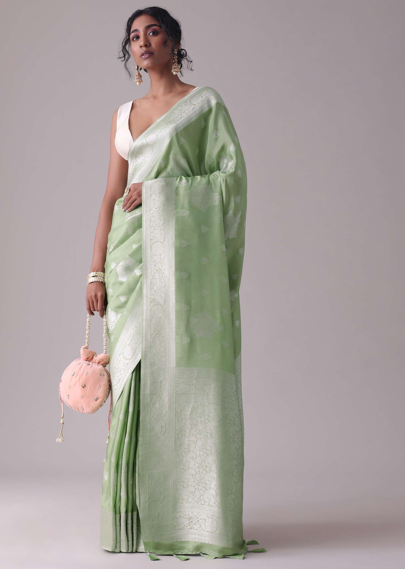13152-forest-shade-green-woven-saree-in-dola-silk-and-silver-weave-1.jpg Forest Shade Green Woven Saree In Dola Silk And Silver Weave