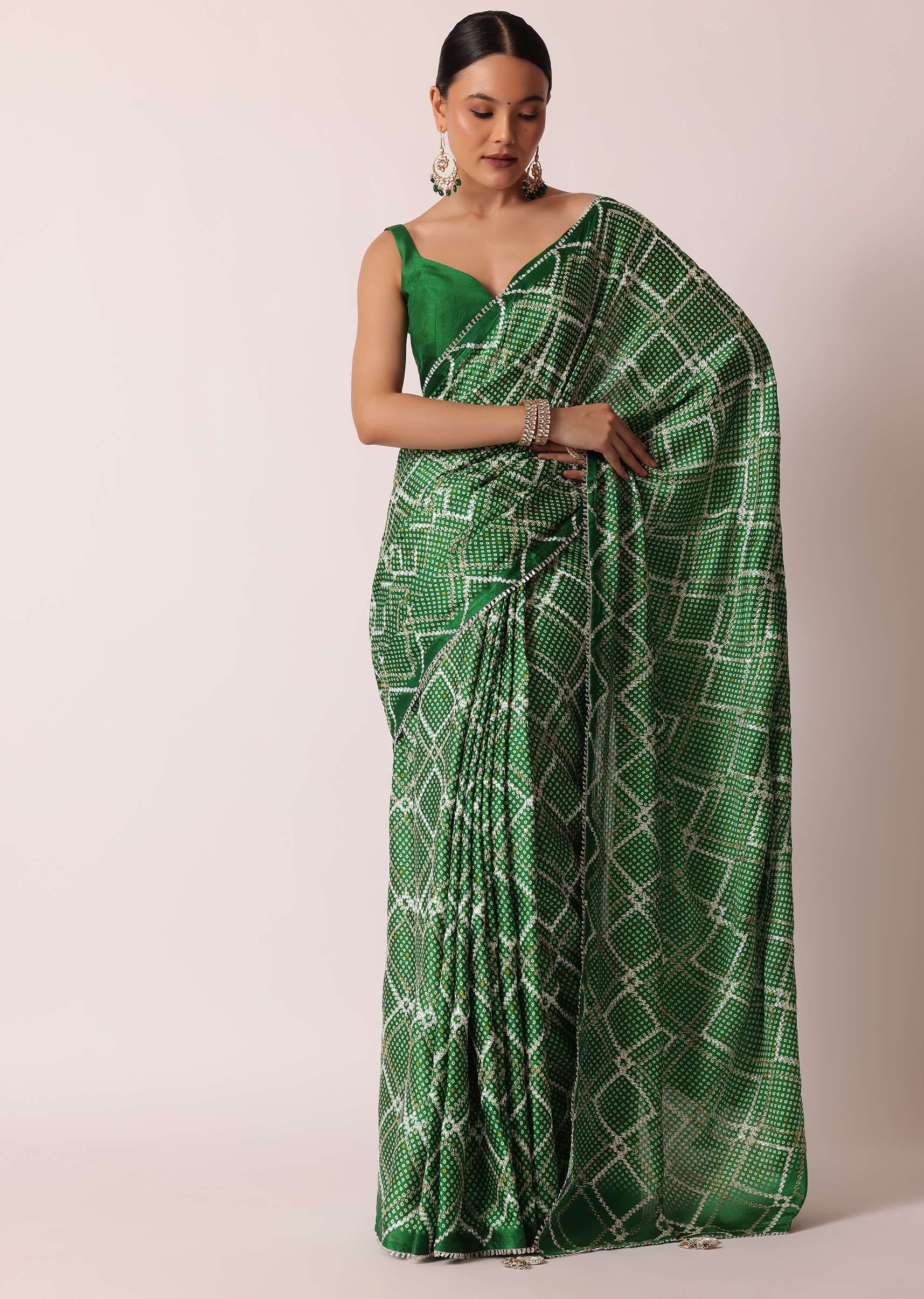 13168-green-bandhani-silk-saree-with-gota-work-and-unstitched-blouse-piece-1.jpg Green Bandhani Silk Saree With Gota Work And Unstitched Blouse Piece