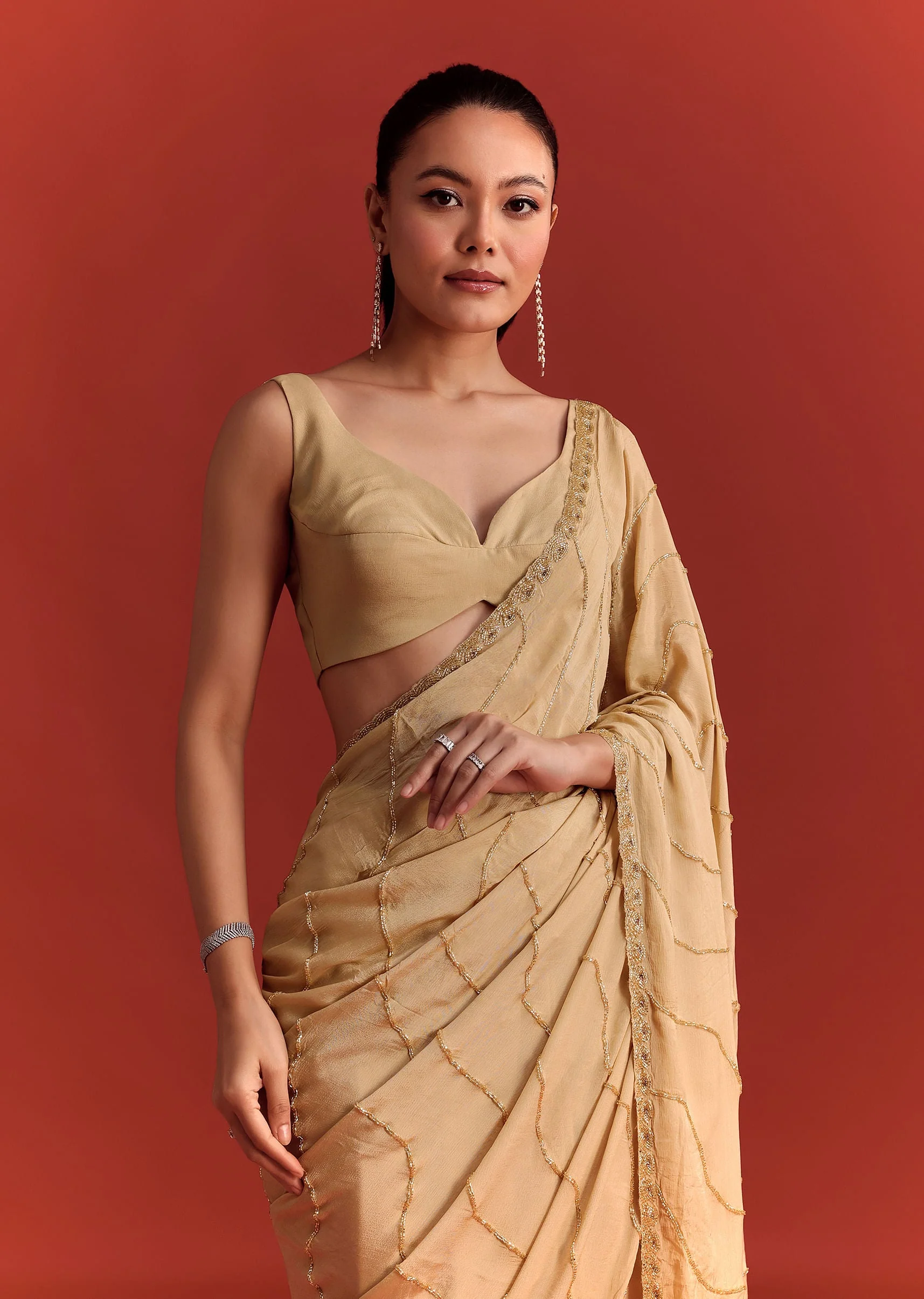 Off White Saree In Chinnon With Cutdana Work