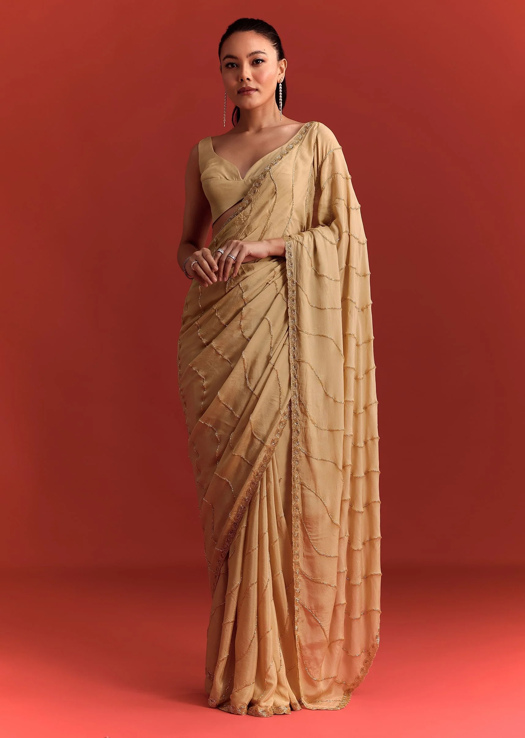 Off White Saree In Chinnon With Cutdana Work