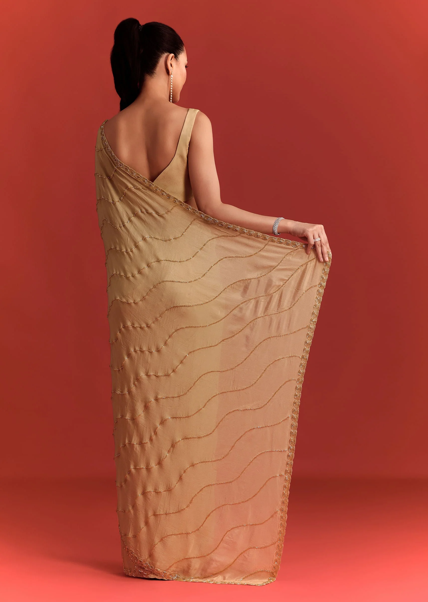 Off White Saree In Chinnon With Cutdana Work
