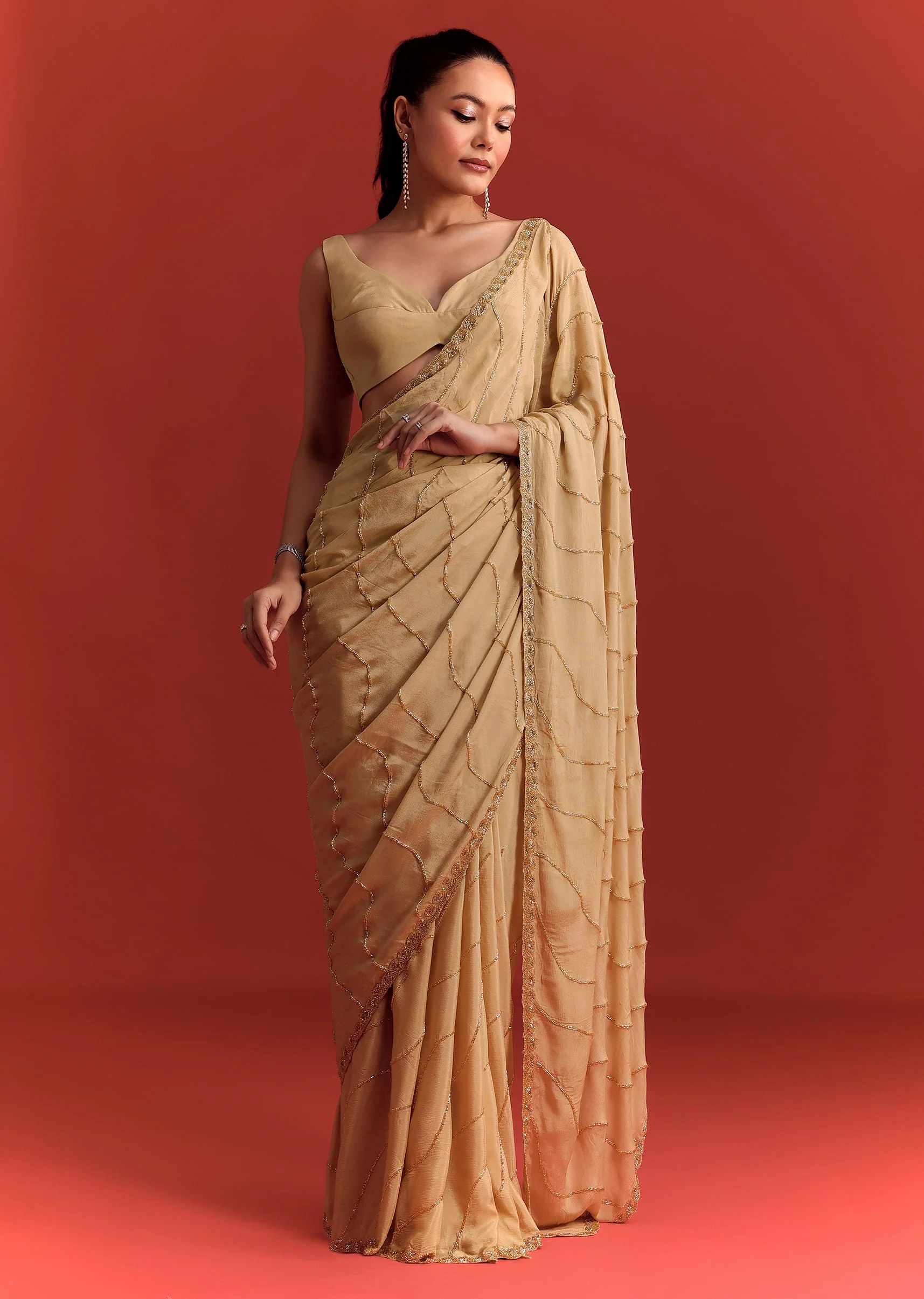 Off White Saree In Chinnon With Cutdana Work