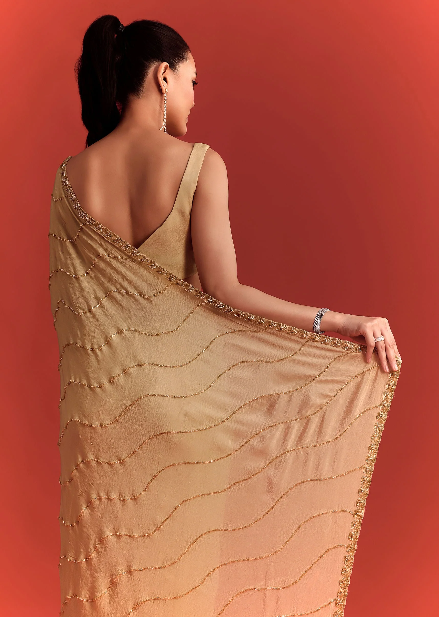 Off White Saree In Chinnon With Cutdana Work