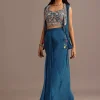 Blue Embroidered Croptop With Drape Skirt And Organza Jacket