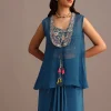 Blue Embroidered Croptop With Drape Skirt And Organza Jacket