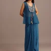 Blue Embroidered Croptop With Drape Skirt And Organza Jacket