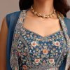 Blue Embroidered Croptop With Drape Skirt And Organza Jacket