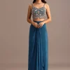Blue Embroidered Croptop With Drape Skirt And Organza Jacket