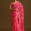 Hot Pink Lehariya Saree In Gota Patti Work With Unstitched Blouse