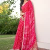 Hot Pink Lehariya Saree In Gota Patti Work With Unstitched Blouse