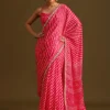 Hot Pink Lehariya Saree In Gota Patti Work With Unstitched Blouse