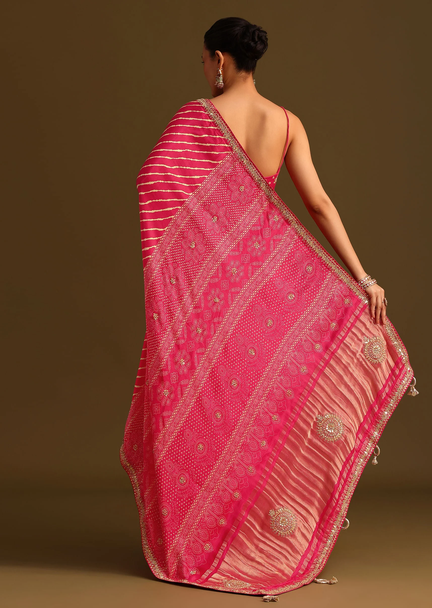 Hot Pink Lehariya Saree In Gota Patti Work With Unstitched Blouse