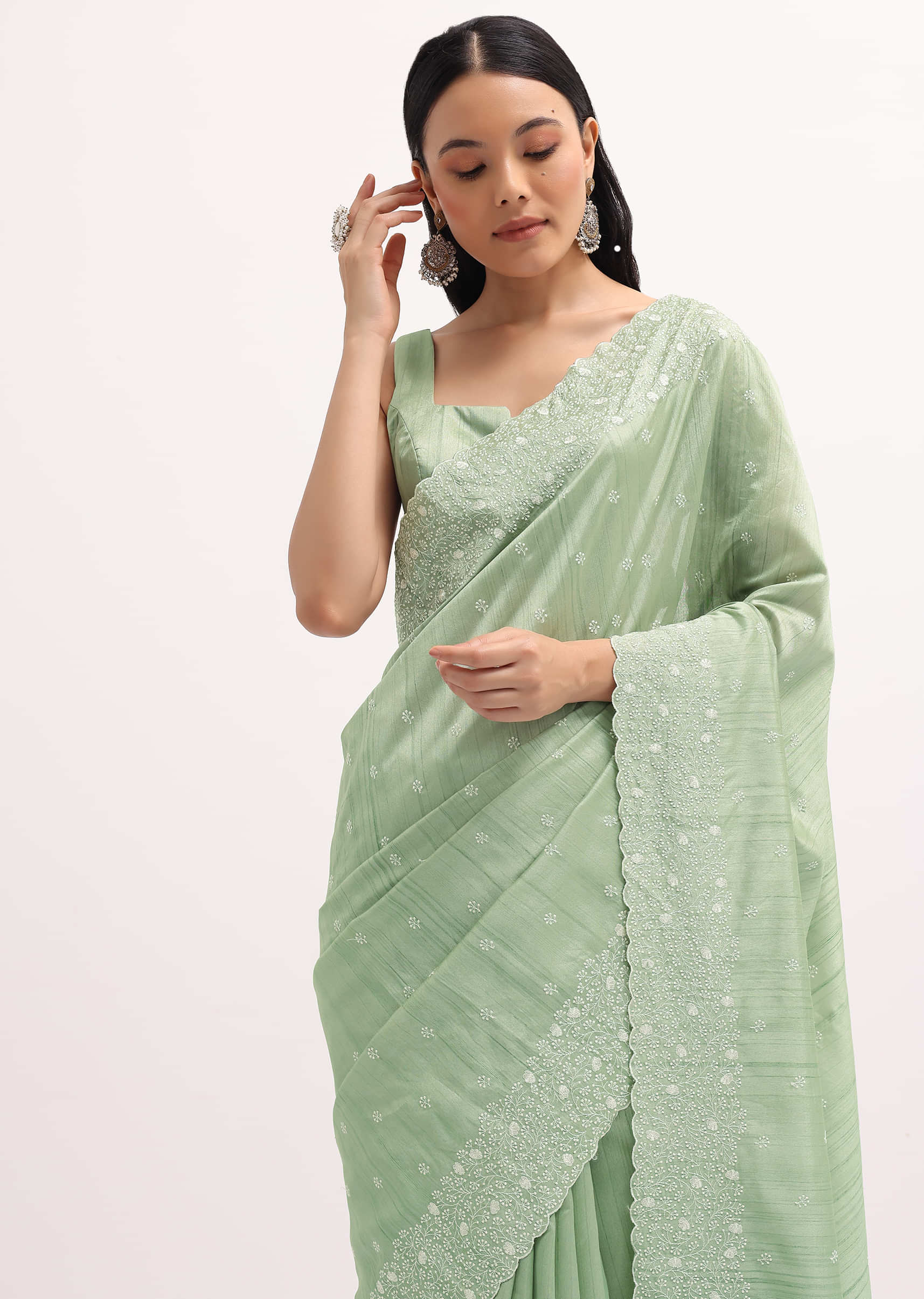 1322-pista-green-tussar-saree-with-unstitched-blouse-1.jpg Pista Green Tussar Saree With Unstitched Blouse