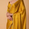 Mustard Satin Chinnon Saree With Mirror Detail Border And Unstitched Blouse Piece