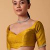 Mustard Satin Chinnon Saree With Mirror Detail Border And Unstitched Blouse Piece