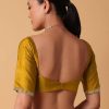 Mustard Satin Chinnon Saree With Mirror Detail Border And Unstitched Blouse Piece