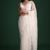 White Organza Saree With Cutdana And Sequin Embroidery