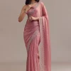 Pink Glass Tissue Saree With Sequins And Moti Embroidered Border