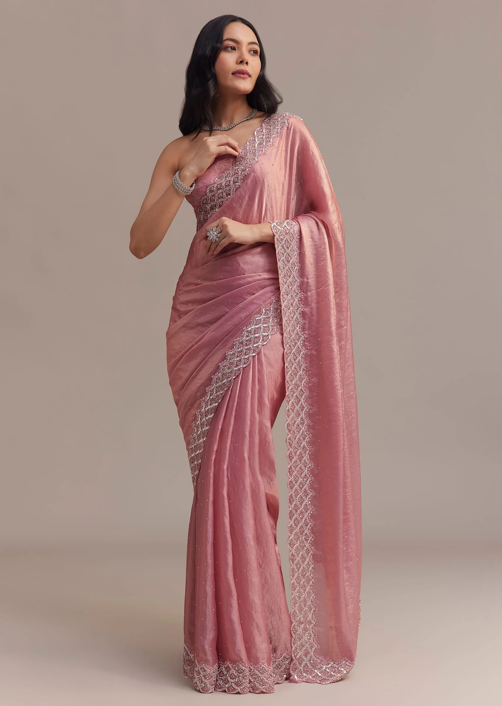 13260-pink-glass-tissue-saree-with-sequins-and-moti-embroidered-border-1.webp Pink Glass Tissue Saree With Sequins And Moti Embroidered Border