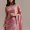 Pink Glass Tissue Saree With Sequins And Moti Embroidered Border
