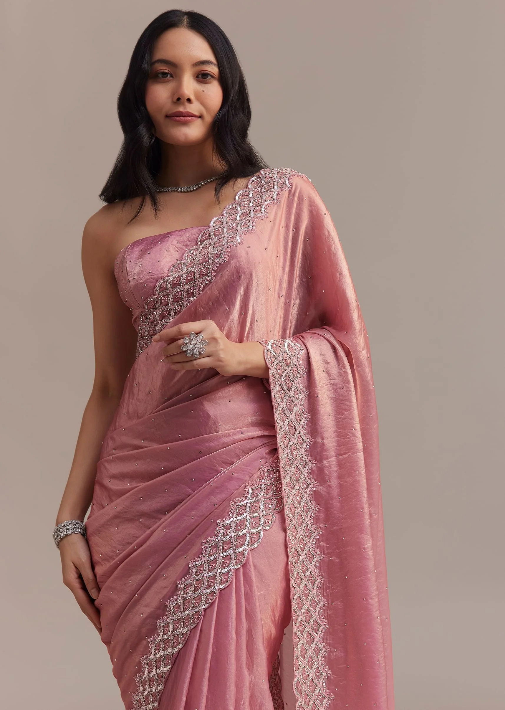 Pink Glass Tissue Saree With Sequins And Moti Embroidered Border