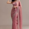 Pink Glass Tissue Saree With Sequins And Moti Embroidered Border