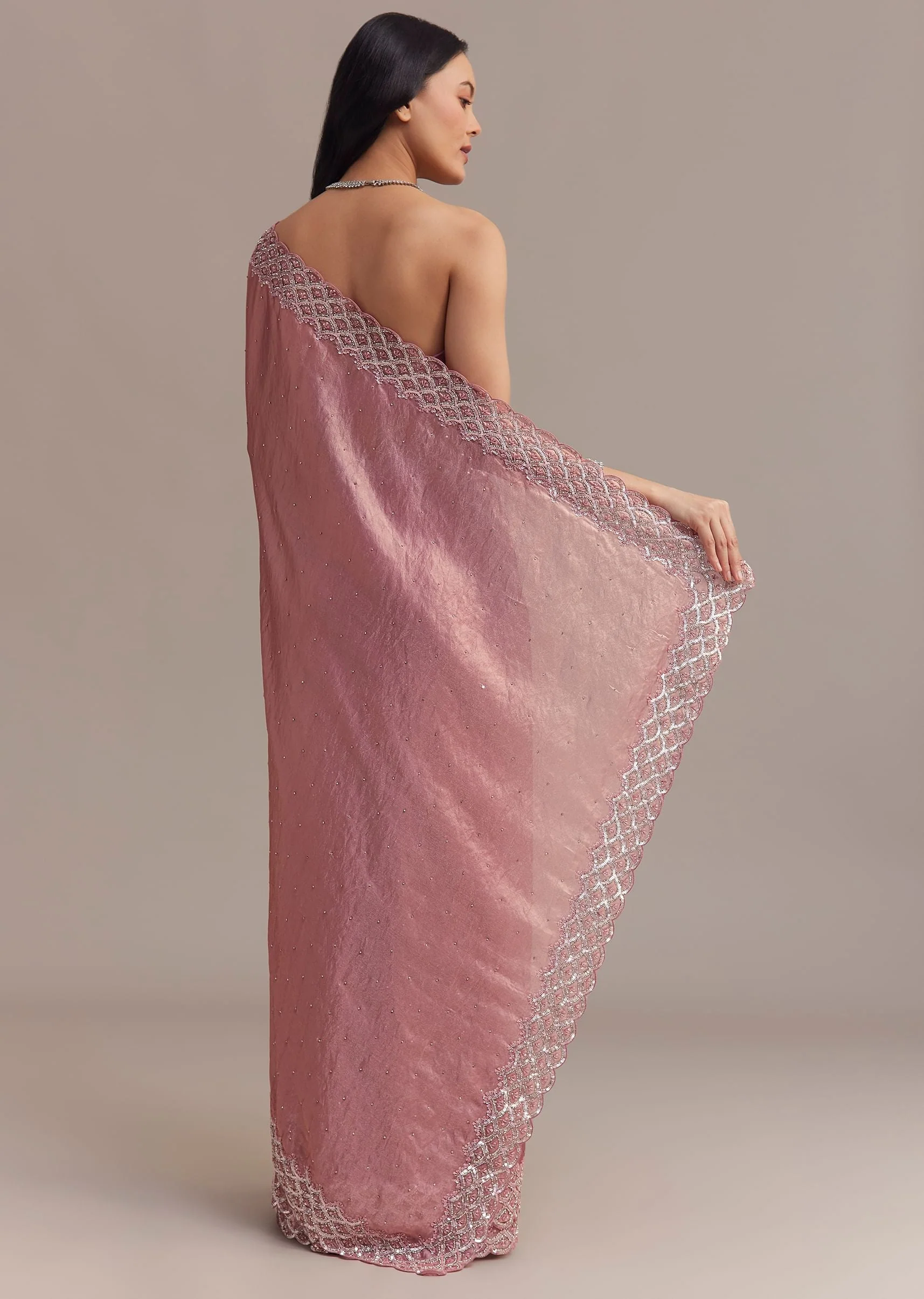 Pink Glass Tissue Saree With Sequins And Moti Embroidered Border
