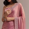 Pink Glass Tissue Saree With Sequins And Moti Embroidered Border