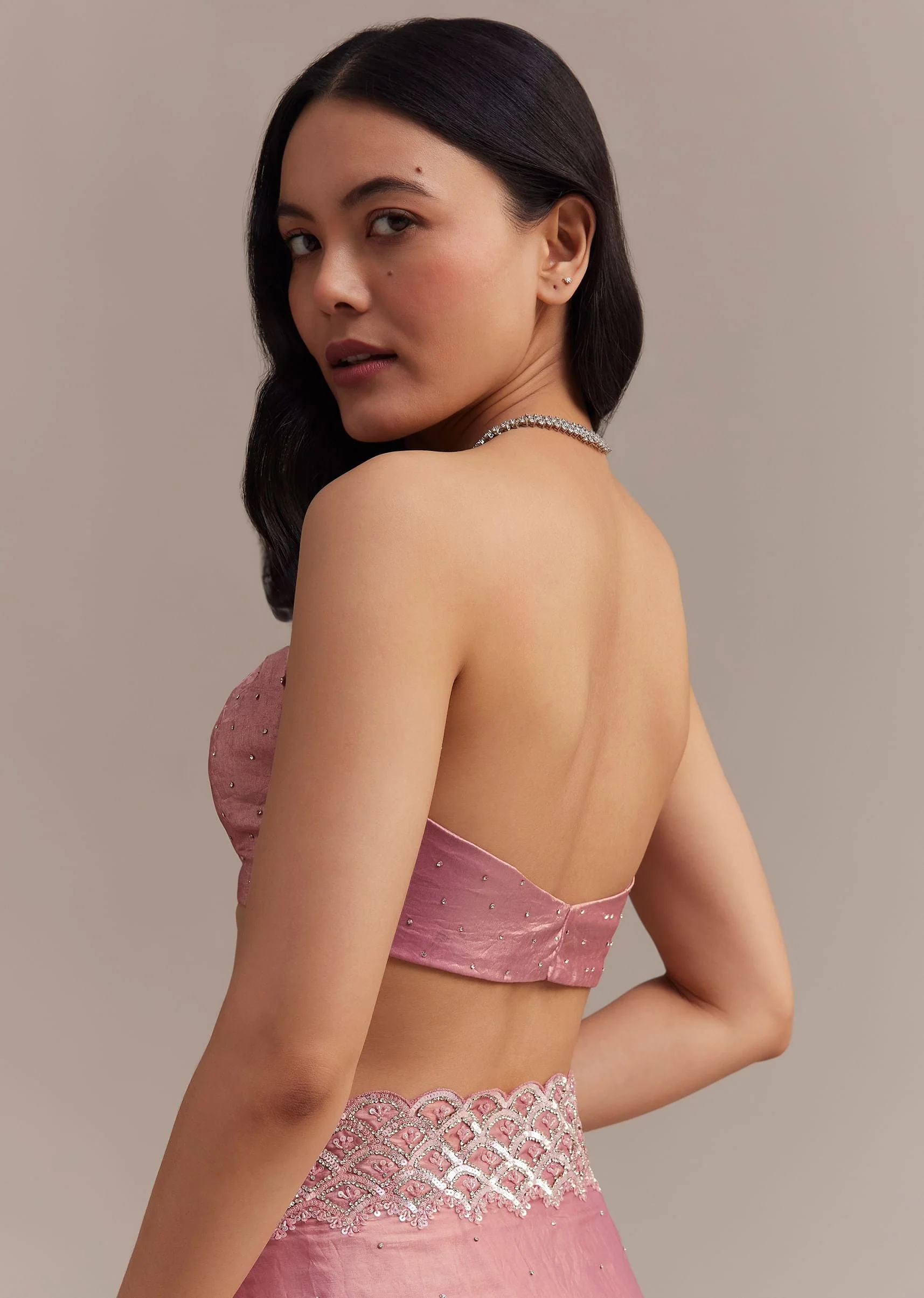 Pink Glass Tissue Saree With Sequins And Moti Embroidered Border