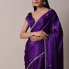 Purple Satin Chinon Saree With Stone Embellishments And Unstitched Blouse Piece