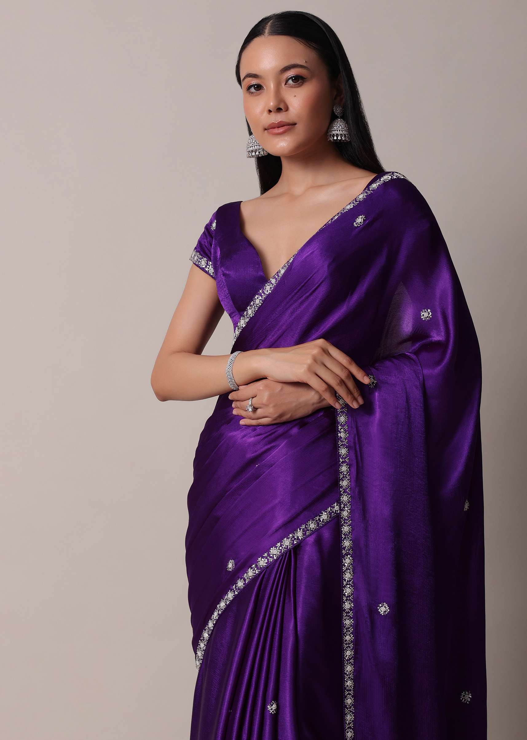 13276-purple-satin-chinon-saree-with-stone-embellishments-and-unstitched-blouse-piece-1.jpg Purple Satin Chinon Saree With Stone Embellishments And Unstitched Blouse Piece