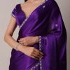 Purple Satin Chinon Saree With Stone Embellishments And Unstitched Blouse Piece