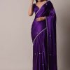 Purple Satin Chinon Saree With Stone Embellishments And Unstitched Blouse Piece