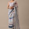Blue Organza Striped Saree With Mirror Work And Unstitched Blouse Piece