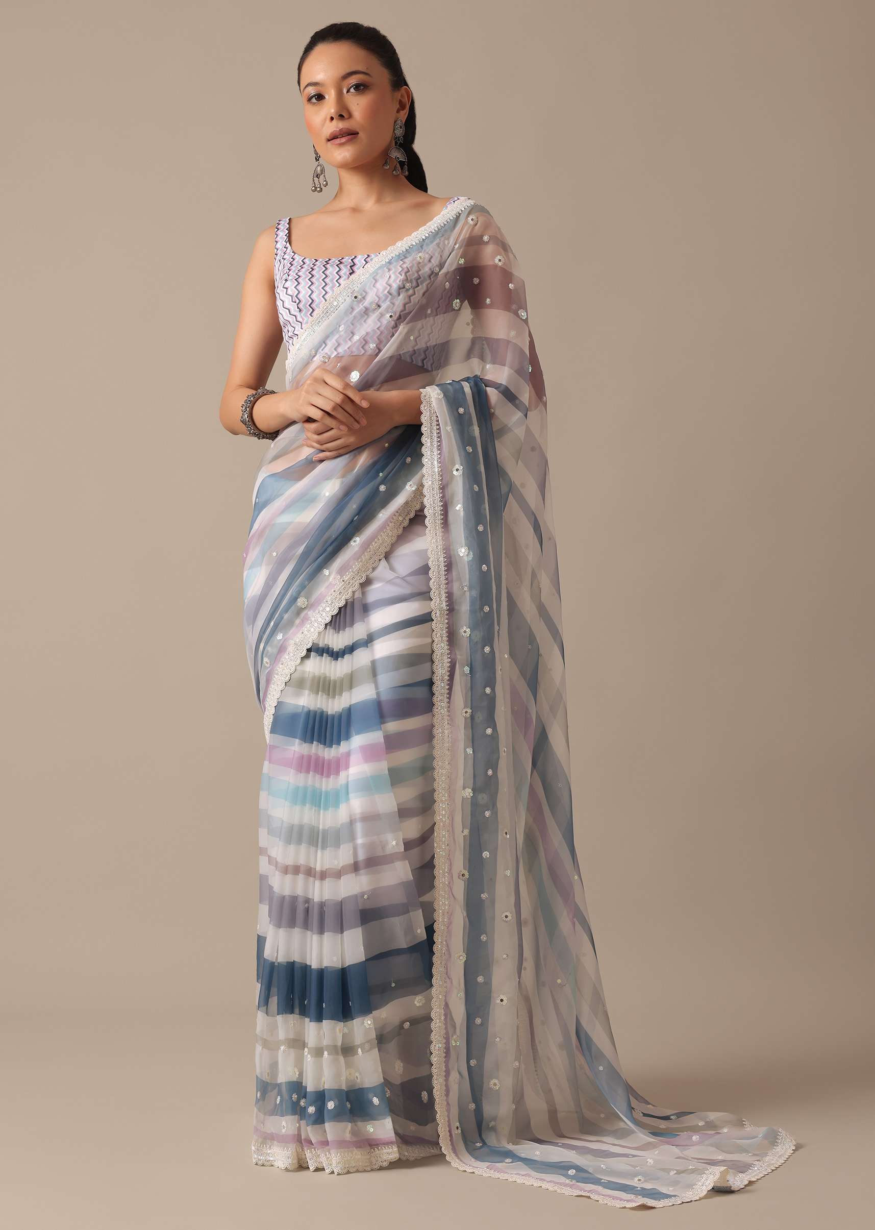 13292-blue-organza-striped-saree-with-mirror-work-and-unstitched-blouse-piece-1.jpg Blue Organza Striped Saree With Mirror Work And Unstitched Blouse Piece